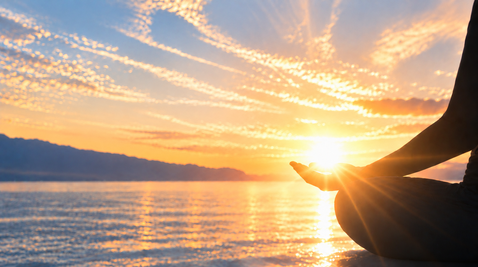朝日の海を前に瞑想する人物。自然に開いた手のひらに光が重なる。